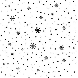 May include: A white background with black snowflakes and dots scattered throughout.