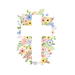 以下が含まれることがあります： ピンク、イエロー、ブルー、グリーンなど、カラフルな花で縁取られた白い十字架。花は十字架の周りに円形に配置されています。
