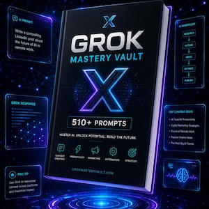 May include: A black book titled GROK MASTERY VAULT with a glowing blue X logo, 510+ PROMPTS, and the text MASTER AI. UNLOCK POTENTIAL. BUILD THE FUTURE. The cover features icons for content creation, productivity, marketing, automation, and strategy.