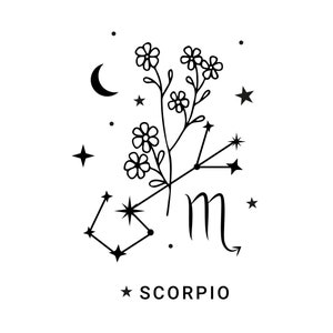 Signo estelar del zodíaco Escorpio / Descargas instantáneas en blanco y negro / PNG, JPG, SVG, eps, dxf / Descarga digital