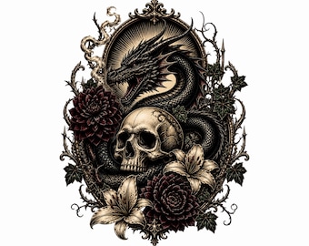 Gothic Dragon Skull SVG | Dark Fantasy Tattoo Art, Baroque Cut File (ai, pdf, png, jpg)