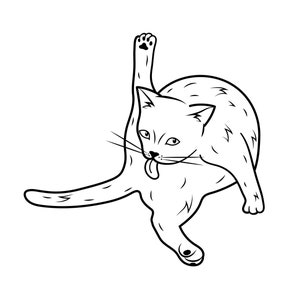 Könnte beinhalten: Eine Schwarzweiß-Zeichnung eines Katers, der sich die Pfote leckt. Der Kater ist in einer verspielten Pose mit gewölbtem Rücken und dem Schwanz um seinen Körper gewickelt.