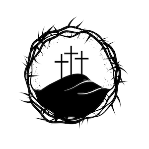 May include: Black and white illustration of three crosses on a hill, surrounded by a crown of thorns.