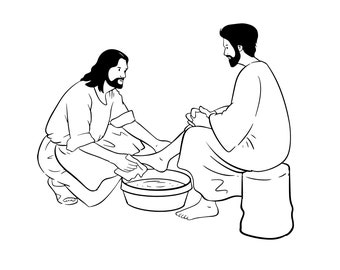 Ilustración lineal de Jesús lavando los pies / Descarga digital cristiana