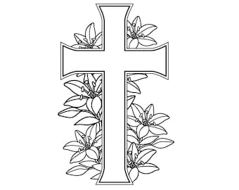 Cross and Flowers | Christian Design | Black & White Instant Digital Download | PNG, JPG, SVG, eps, dxf