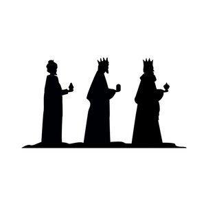 May include: Silhouette of three figures in black, representing the three wise men, each holding a gift. They are standing on a white background.