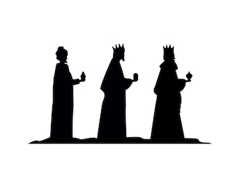 May include: Silhouette of three figures in black, representing the three wise men, each holding a gift. They are standing on a white background.