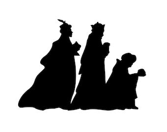 May include: Silhouette of three figures in black, representing the three wise men, walking towards the right. The figure in the front is kneeling, holding a small object in their hand.
