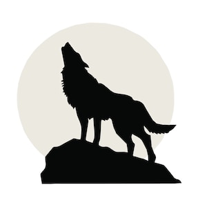 May include: Silhouette of a wolf howling at the moon. The wolf is standing on a rocky outcrop. The moon is a pale gray color.