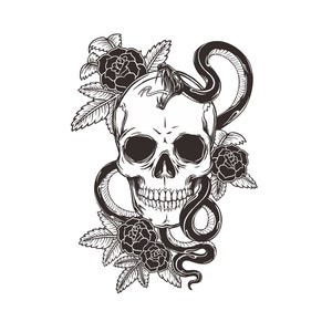May include: A black and white illustration of a human skull with a snake wrapped around it. The snake's head is on top of the skull. There are roses on either side of the skull.