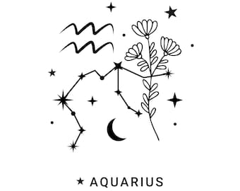 Aquarius Zodiac Sign Clipart | Celestial Black and White Art (Digital Download)