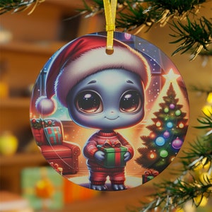 Uroczy szary obcy szklany ornament ~ Święta Bożego Narodzenia UFO Paranormalne Niewyjaśnione istoty pozaziemskie Zjawisko UAP Zjawisko kosmiczne