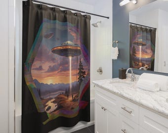 UFO Sightings Shower Curtain - Extraterrestrial Exploration Design Hexagon Frame