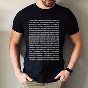 Puede incluir: Una camiseta negra con texto blanco impreso en la parte delantera. El texto es una larga cadena de números, incluida la constante matemática pi.
