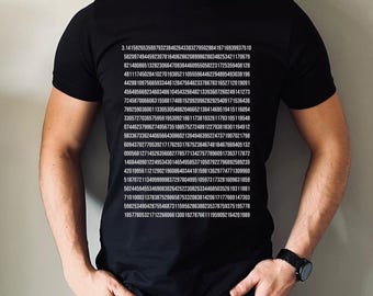 May include: A black t-shirt with white text printed on the front. The text is a long string of numbers, including the mathematical constant pi.