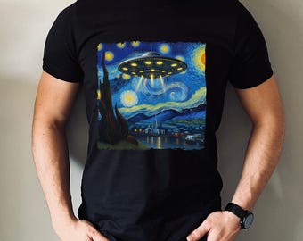 UFO Shirt ~ Starry Night Van Gogh Alien Abduction UAP Science Teacher Present Physics Nerdcore Geek Solar Punk Extraterrestrial Experiencer