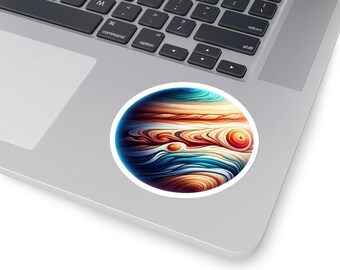 May include: A sticker featuring a colorful, abstract illustration of Jupiter, the largest planet in our solar system. The illustration is made up of swirling, layered lines in shades of blue, orange, red, and white.