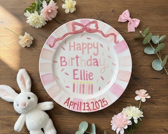 Hand-Painted First Birthday Plate: Personalized Keepsake for Girls, Pink Bow