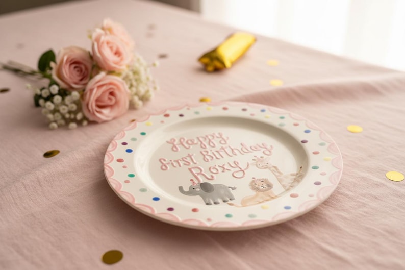 Puede incluir: Un plato de cer&aacute;mica blanco con borde festoneado rosa y lunares de colores. El plato presenta el texto "Happy First Birthday Roxy" e ilustraciones de un elefante, un le&oacute;n y una jirafa. Un ramo de rosas rosas y confeti dorado est&aacute;n cerca.