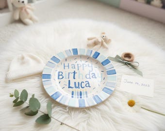 Personalized Blue Smash Cake Plate: Hand-Painted Ceramic 1st Birthday