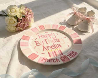 Hand-Painted First Birthday Plate: Personalized Keepsake for Girls, Pink