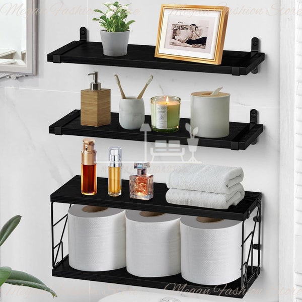 Bathroom Shelves | Over Toilet Floating Shelves |  wire basket for toilet paper storage | storage solutions | decorative accent
