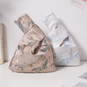 Kranich bestickte Handtasche, japanischer Knoten, kleine Handgelenktasche, Stofftasche, Hochzeitsgeschenk, Brautjungfer