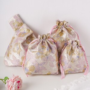Kordelzugbeutel, japanischer Knotenbeutel, Aufbewahrungstasche, Handgelenktasche, Sommerblumen bestickte Handtasche, Hochzeitsgeschenktasche