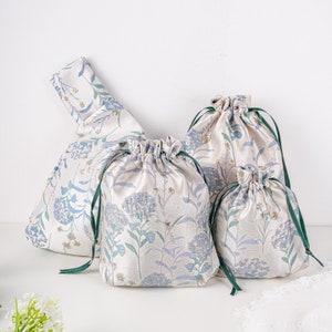 Kordelzugbeutel, japanischer Knotenbeutel, Aufbewahrungstasche, Handgelenktasche, Sommerblumen bestickte Handtasche, Hochzeitsgeschenktasche