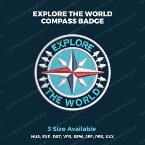 Puede incluir: Parche bordado con un diseño de brújula y el texto "Explore the World". La brújula es azul y blanca con una flecha roja. El texto es blanco. El parche está sobre un fondo azul oscuro.