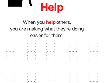 Könnte beinhalten: Lehrreiches Bild mit dem roten Buchstaben "H" und den Worten "is for Help". Eine Strichmännchen-Illustration zeigt eine Person, die einer anderen hilft. Gepunktete Linien bilden den Buchstaben "H" zum Nachzeichnen.