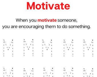 Könnte beinhalten: Weißes Arbeitsblatt mit dem Wort "Motivate" in Rot und dem Buchstaben "M" in Rot. Das Bild enthält ein Diagramm einer Person, die auf ein Ziel zuläuft. Gestrichelte Linien bilden den Buchstaben "M" zum Nachzeichnen.