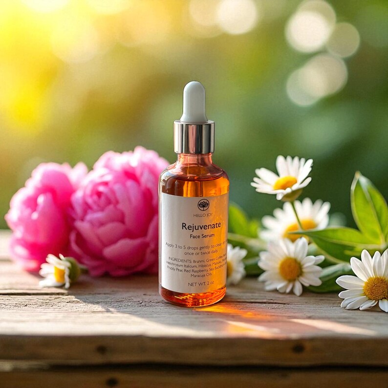 May include: A glass bottle of "Rejuvenate Face Serum" with a dropper, set against a backdrop of pink peonies and white daisies. The serum is amber-colored, and the label is white with black text. The bottle is on a wooden surface.