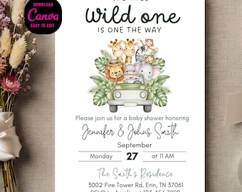 Invitación de safari para baby shower / Animales de la selva, Pequeño Salvaje (Plantilla digital de Canva)