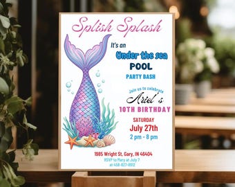 Mermaid Birthday Invitation | Under the Sea Party, Canva Template (Digital Download)