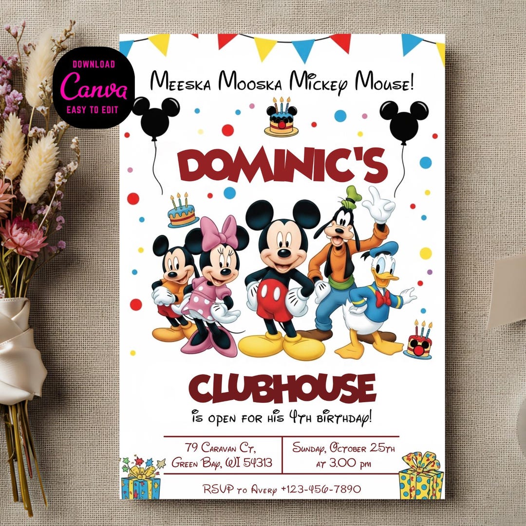 Mickey Mouse Clubhouse Birthday Invitation | Editable Canva Template ...