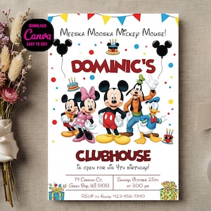May include: A white invitation card featuring Mickey Mouse and friends. The card includes the text "Meeka Mooska Mickey Mouse!" and "Dominic's Clubhouse is open for his 4th birthday!" with event details.