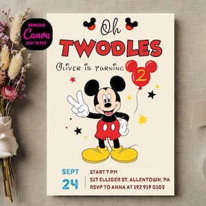 Inbjudan till Oh Twodles födelsedag | Musse Pigg 2-årsdag (digital nedladdning till Canva)
