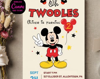 Oh Twodles Birthday Invitation | Mickey Mouse 2nd Birthday (Canva Digital Download)