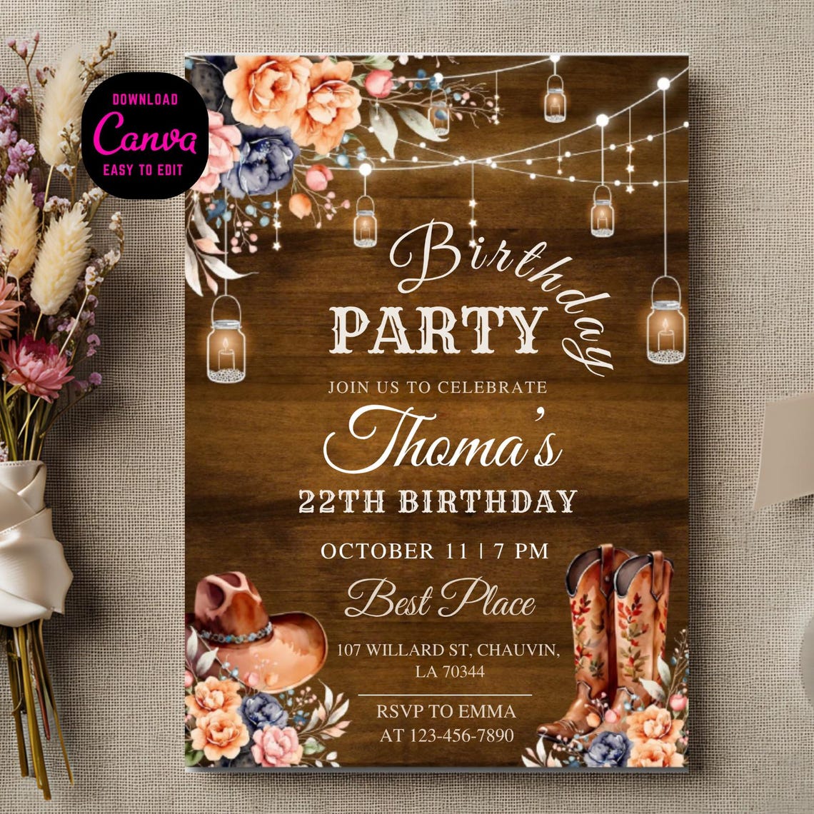 Rustic Cowgirl Birthday Invitation | Boho Western Party (editable ...