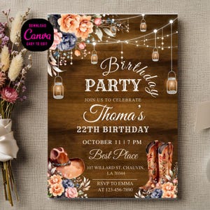 May include: A rustic birthday party invitation with a wooden background, floral accents, and string lights. The invitation includes the text "Birthday Party" and details for "Thoma's" 22nd birthday, including the date, time, and location.