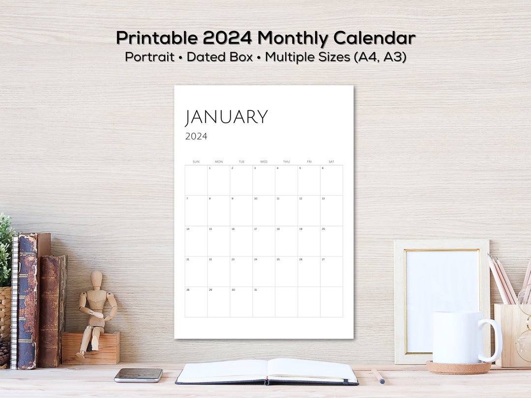 2024 Monthly Calendar Portrait Calendar Printable Minimalist Etsy