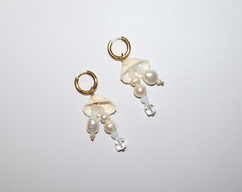 Shell Drop Earrings | Pearl & Crystal on Gold Hoops