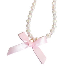 Elodie Pearl Bow Necklace | Beaded Pearl Necklace | Satin Ribbon, Glass Beaded Necklace