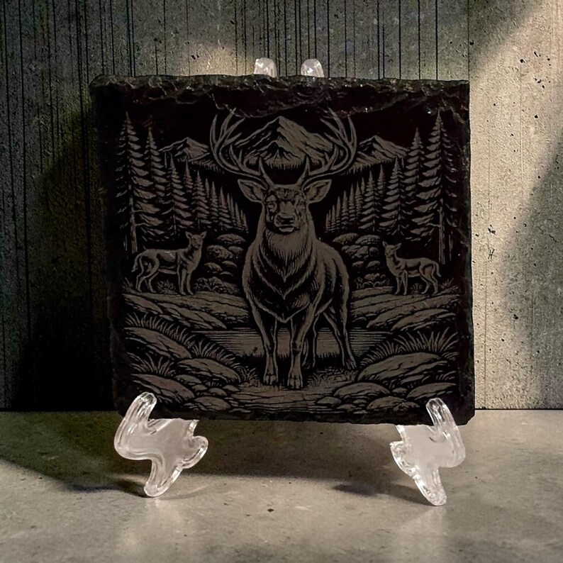 Laser Engraved Slate Coaster Set – Elk, Bear, Mountain Lion Wildlife Designs Buck, Doe and Fawn