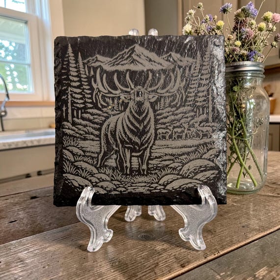 Laser Engraved Slate Coaster Set – Elk, Bear, Mountain Lion Wildlife Designs