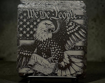 Laser Engraved Slate Coaster Set, Eagle American Flag Decor, Rustic Bar Accessory