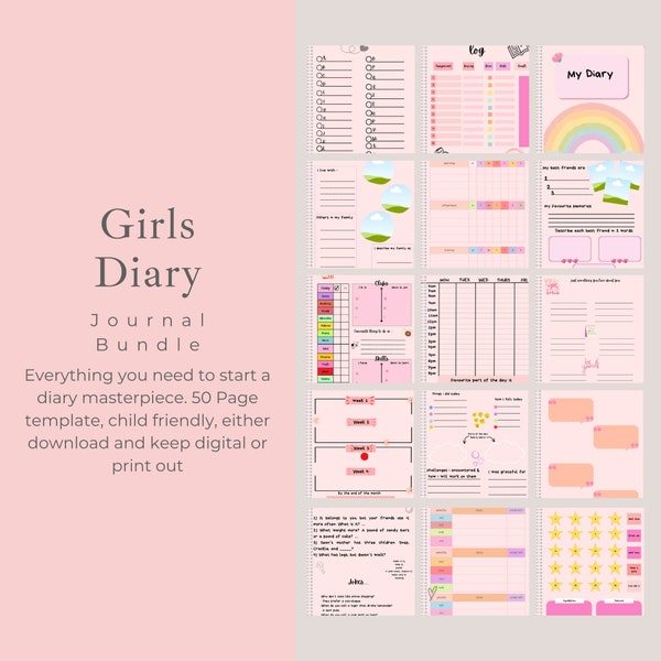 Ultimate journal bundle for kids, Girls Diary, Child's planner, habit tracker, school and home life, digital instant download