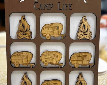 Rustic Camp Life Tic Tac Toe Game: Camper & Campfire Wooden Board