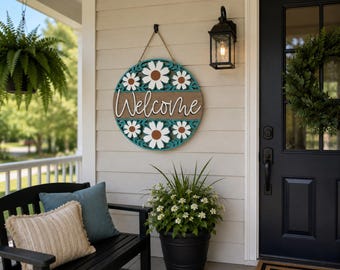 Floral Welcome Door Sign: Rustic Wood, Teal Daisies, 18" Farmhouse Decor